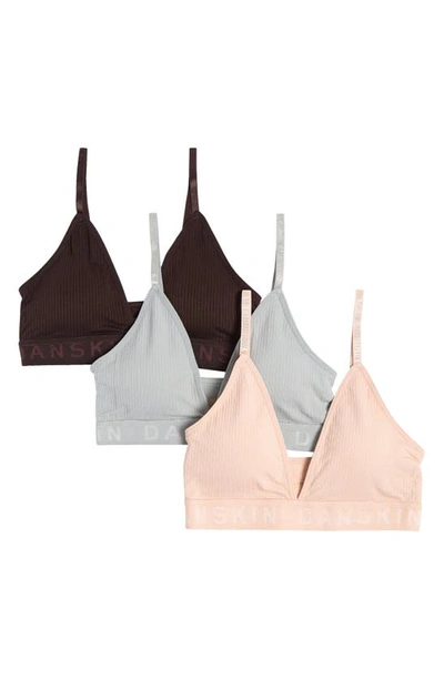 Shop Danskin 3-pack Triangle Rib Bralettes In Brown/grey/pink