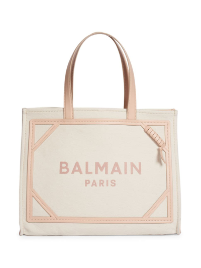 Shop Balmain Women's Medium B-army Logo Canvas Shopper Bag In Cream Light Rose