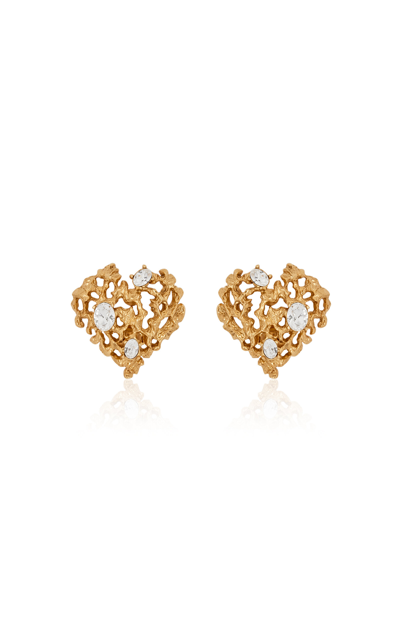 Shop Oscar De La Renta Coral Heart Pewter And Crystal Earrings In Gold