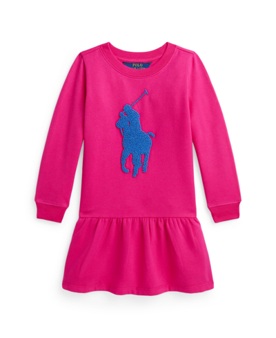 Shop Polo Ralph Lauren Toddler And Little Girls French Knot Big Pony Fleece Dress In Bright Pink With Blue