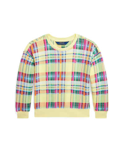 Shop Polo Ralph Lauren Toddler And Little Girls Plaid French Terry Sweatshirt In Sunshine Madras With Bright Pink