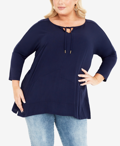 Shop Avenue Plus Size Sheila Mix Media 3/4 Sleeve Top In Navy