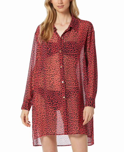 Shop Michael Kors Michael  Women's Animal-print Sheer Cover-up Shirt In Red