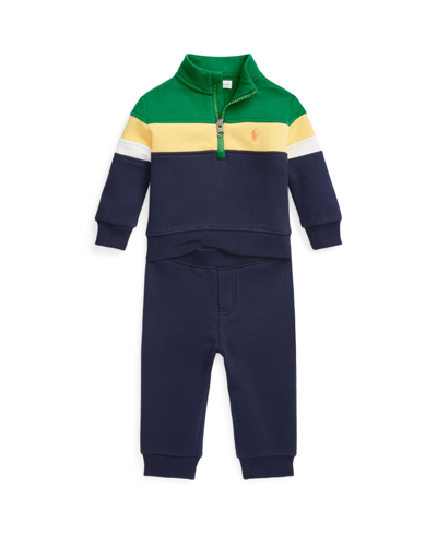 Shop Polo Ralph Lauren Baby Boys Striped Fleece Pullover And Pants Set In Preppy Green