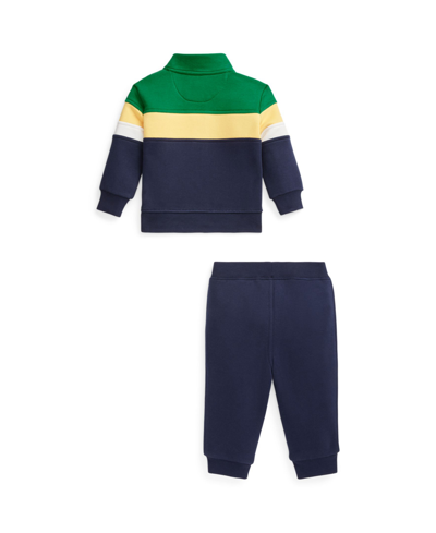 Shop Polo Ralph Lauren Baby Boys Striped Fleece Pullover And Pants Set In Preppy Green