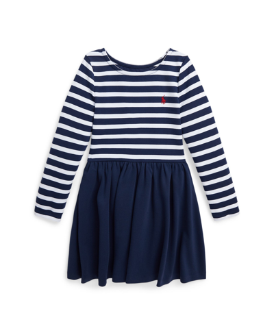 Shop Polo Ralph Lauren Toddler And Little Girls Striped Stretch Ponte Dress In Newport Navy With White