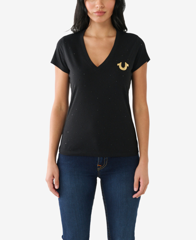 Shop True Religion Women's Short Sleeve Horseshoe Slim V-neck T-shirt In Jet Black