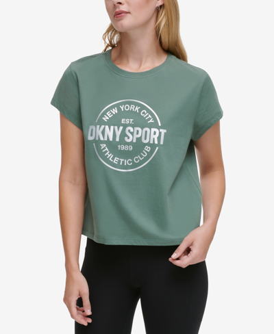 Shop Dkny Sport Women's Medallion Logo Cropped T-shirt In Duck Green,silver