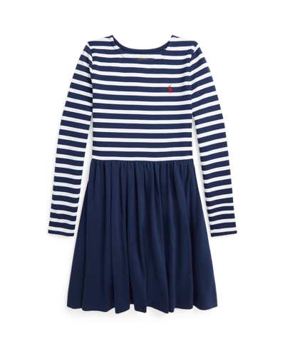 Shop Polo Ralph Lauren Big Girls Striped Stretch Ponte Dress In Newport Navy With White