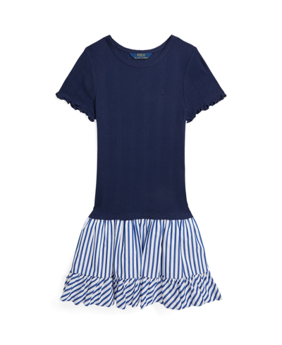 Shop Polo Ralph Lauren Big Girls Woven-skirt Pointelle-knit Cotton Dress In Newport Navy