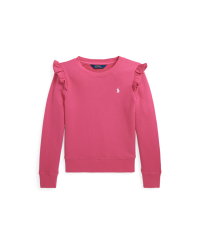 Shop Polo Ralph Lauren Toddler And Little Girls Ruffled Terry Long Sleeve Sweatshirt In Bright Pink With White