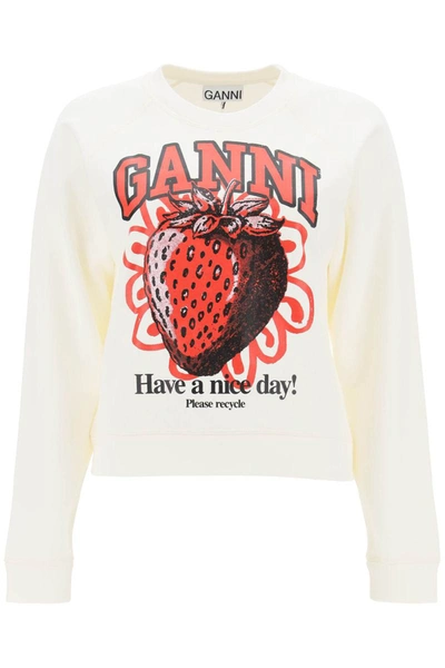Shop Ganni Crew-neck Sweatshirt With Graphic Print In White
