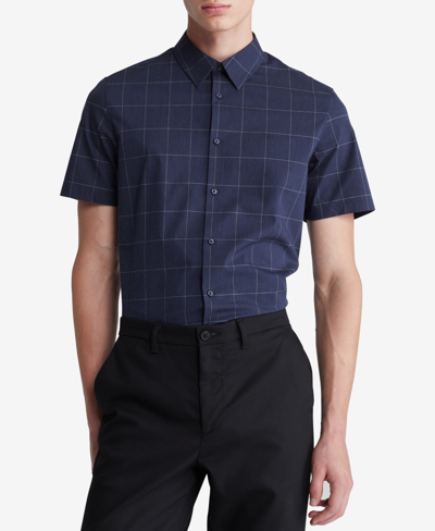 Shop Calvin Klein Men's Slim Fit Tonal Windowpane Short Sleeve Button-front Shirt In Dark Sapphire