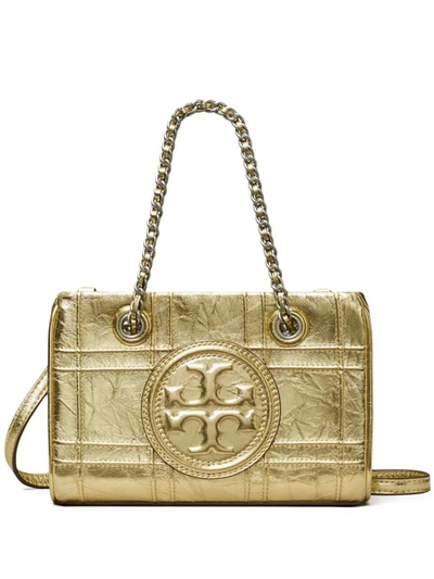 Shop Tory Burch Fleming Soft Metallic Quilt Mini Chain Tote Bags In Grey