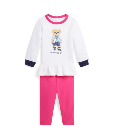Shop Polo Ralph Lauren Baby Girls Fleece Sweatshirt And Leggings Set In Bright Pink With White