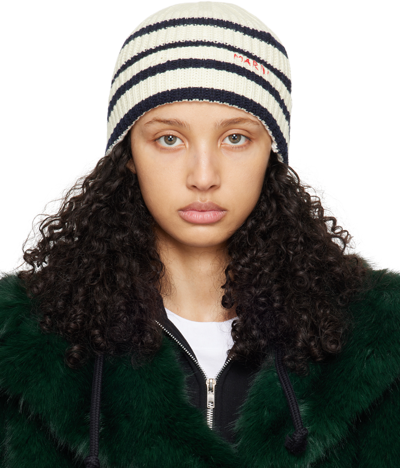 Shop Marni Off-white & Navy Ribbed Wool Beanie In Rgw03 Stone White