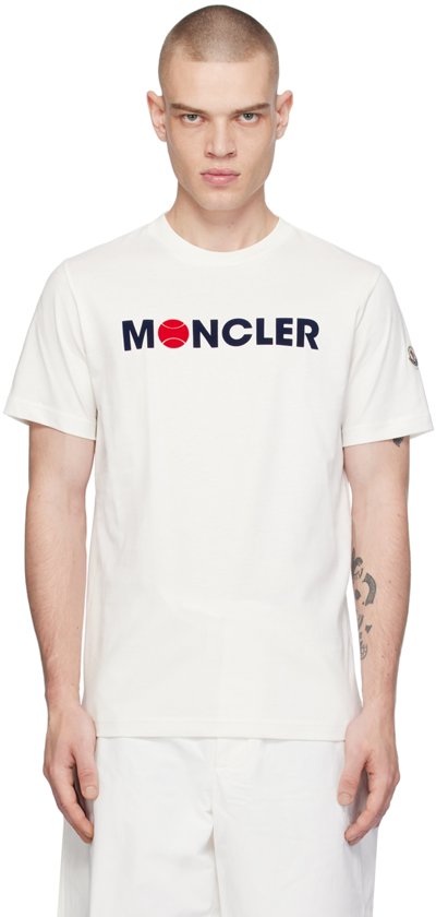 Shop Moncler Off-white Flocked T-shirt In Silk White 034