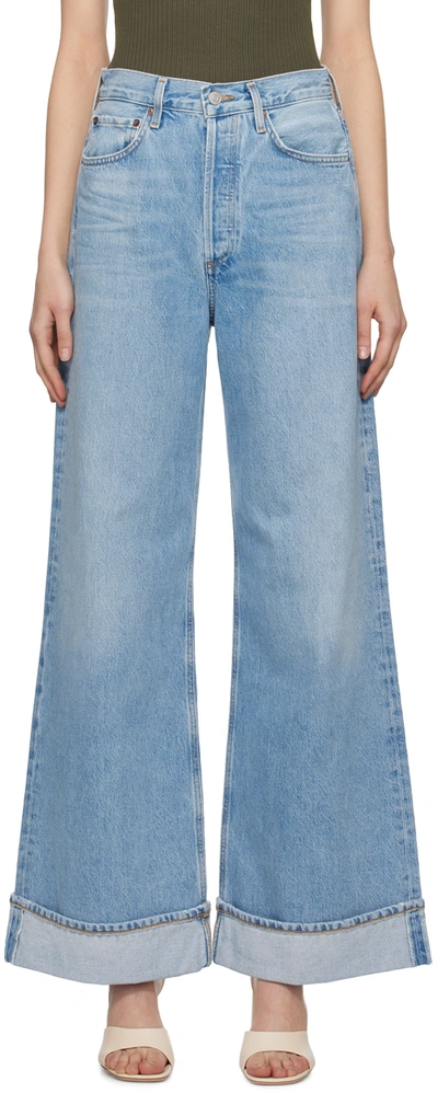 Shop Agolde Blue Dame High Rise Wide Leg Jeans In Showdown