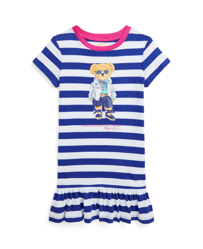 Shop Polo Ralph Lauren Toddler And Little Girls Polo Bear Cotton Jersey T-shirt Dress In Brilliant Sapphire,white Stripe