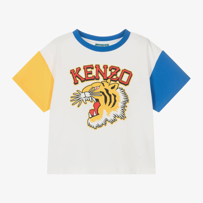 Shop Kenzo Kids Boys Ivory Cotton Varsity Tiger T-shirt