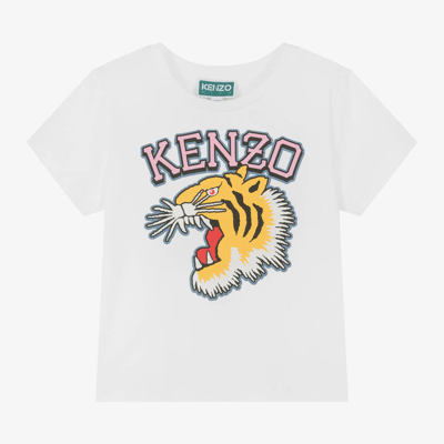 Shop Kenzo Kids Girls Ivory Cotton Varsity Tiger T-shirt