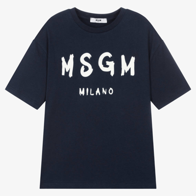 Shop Msgm Teen Navy Blue Cotton Jersey T-shirt