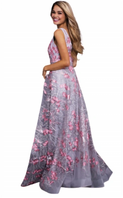 Shop Jovani Embroidered Floral Gown In Grey/pink