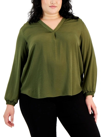 Shop Alfani Plus Womens Blouson Sleeves V-neck Blouse In Green