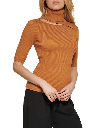 Shop Dkny Womens Ribbed Knit Cut-out Turtleneck Sweater In Multi
