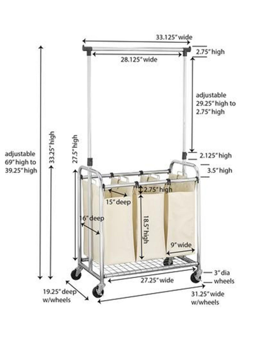 Household Essentials Commercial Grade 3 Bag Laundry Sorter With Wheels And Garment Rack For Hanging Clothes In Chrome,natural
