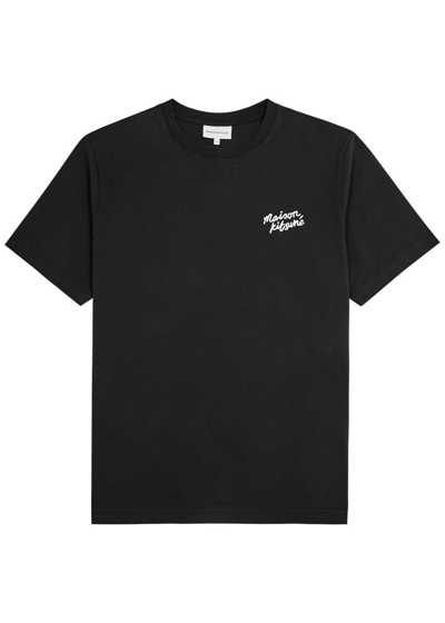 Shop Maison Kitsuné Handwriting Logo-embroidered Cotton T-shirt In Black And White