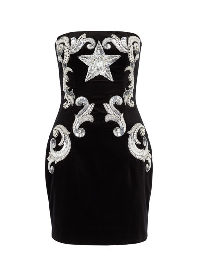 Shop Balmain Crystal-embellished Strapless Velvet Mini Dress In Black