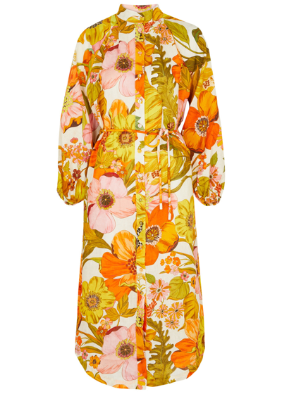 Shop Alemais Silas Floral-print Linen Midi Dress In Multicoloured