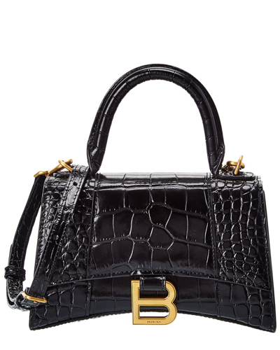 Shop Balenciaga Hourglass Xs Croc-embossed Leather Top Handle Satchel In Black