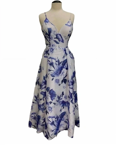 Bariano Anne Asymmetrical Floral Gown In White/blue In Multi