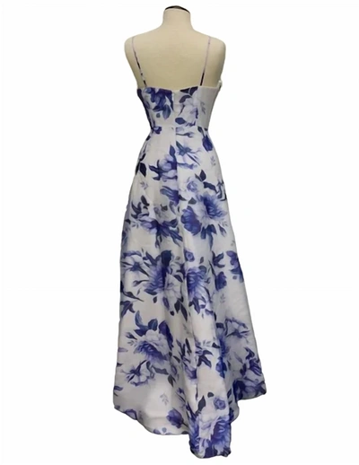 Bariano Anne Asymmetrical Floral Gown In White/blue In Multi