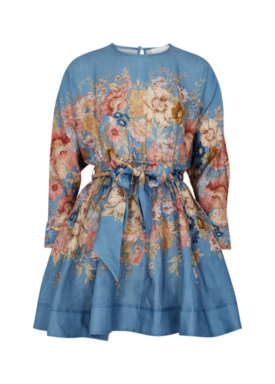 Shop Zimmermann August Floral-print Linen Mini Dress In Blue