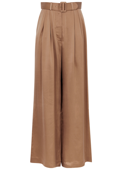 Shop Zimmermann Tuck Wide-leg Silk-satin Trousers In Sand