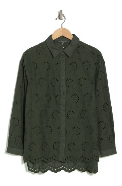 Shop Adrianna Papell Eyelet Button-up Shirt In Dusty Olive