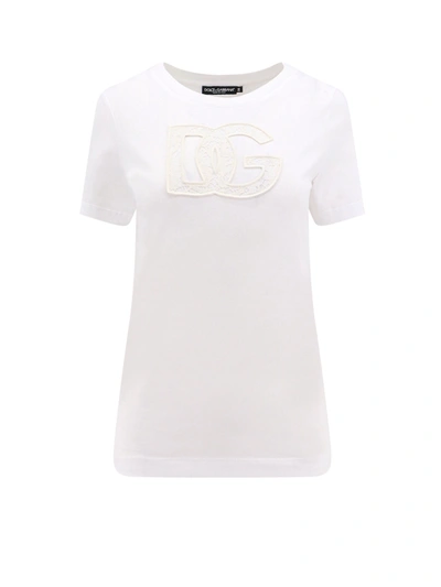 Dolce & Gabbana Dolce&gabbana White Crew Neck T Shirt With Logo Embroidery In Cotton In Neutral