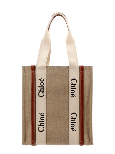 Shop Chloé Linen And Leather Shoulder Bag With Logo Print