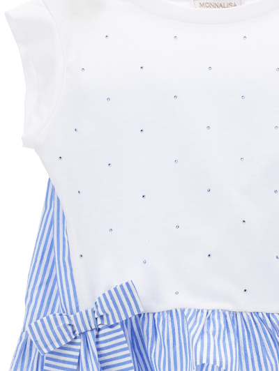 Monnalisa T-shirt With Bows And Rhinestones In White + Blue