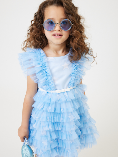 Monnalisa Star-print Tulle Dress In Light Blue