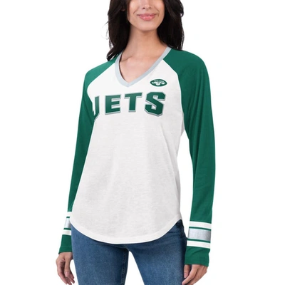 Shop G-iii 4her By Carl Banks White/green New York Jets Top Team Raglan V-neck Long Sleeve T-shirt