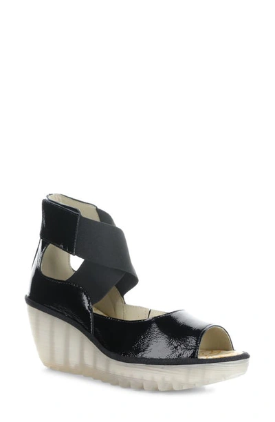 Shop Fly London Yefi Platform Wedge Sandal In Black Luxor