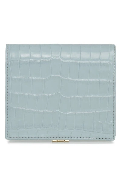 Shop Strathberry Crescent Croc Embossed Leather Bifold Wallet In Duck Egg Blue