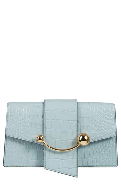 Shop Strathberry Crescent On A Chain Croc Embossed Leather Shoulder Bag In Duck Egg Blue