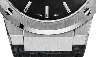 Shop Ferragamo Salvatore  F-80 Croc Embossed Leather Strap Watch, 41mm In Black/ Silver