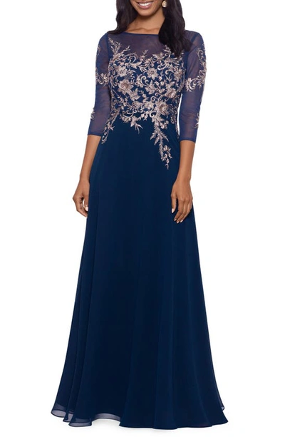 Betsy & Adam Petite Floral-embroidered Mesh Gown In Navy/ Rose