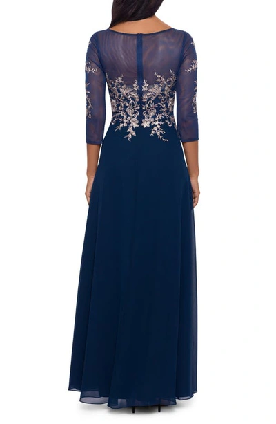 Betsy & Adam Petite Floral-embroidered Mesh Gown In Navy/ Rose